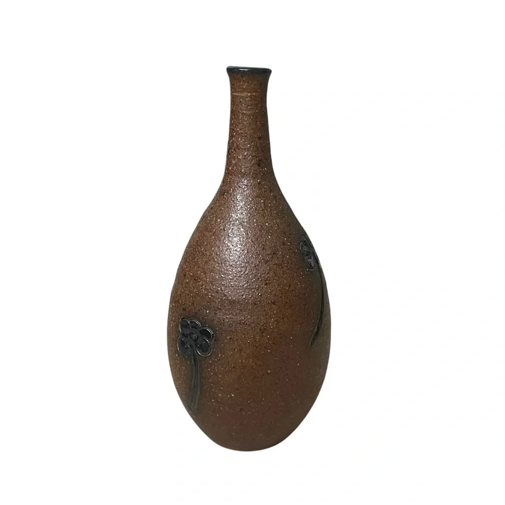 Hand Crafted Brown Vase with Black Floral Design